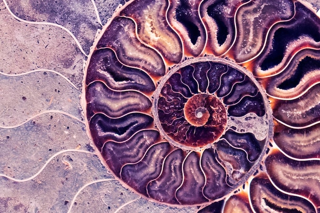 Eine Nahaufnahme einer Fibonacci-Spirale mit dem Wort Ammonit auf der Unterseite.