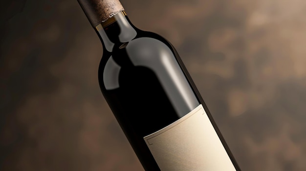 Eine Nahaufnahme einer Flasche Rotwein Die Flasche ist in einem Winkel von 45 Grad geneigt und steht vor einem dunkelbraunen Hintergrund