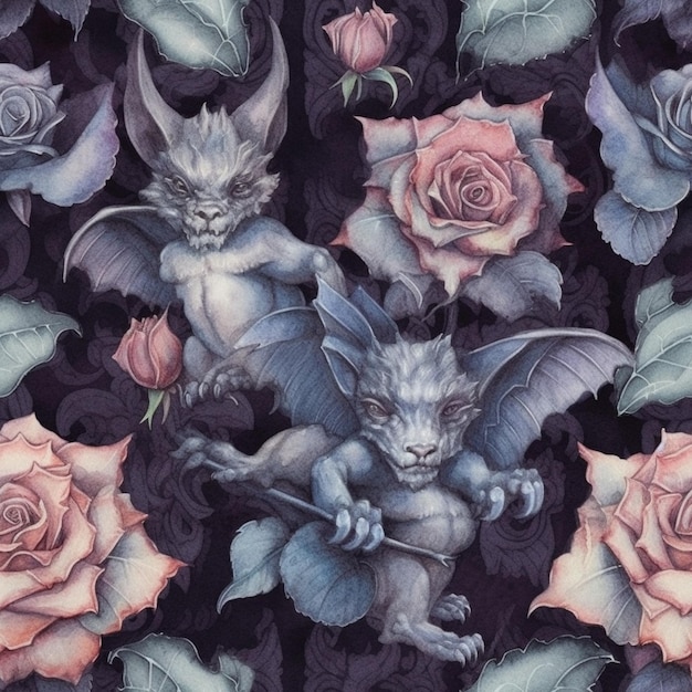 eine Nahaufnahme einer Fledermaus mit Rosen und Rosen auf schwarzem Hintergrund, generative KI