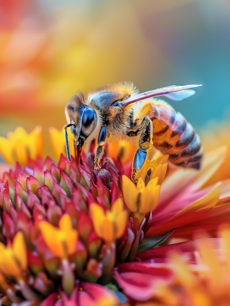 Foto eine nahaufnahme einer fleißigen honigbiene, die nektar aus den lebendigen, versunkenen blütenblättern einer fröhlichen gänseblume sammelt, die die wichtige rolle der bestäuber in der natur hervorhebt