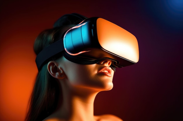 Eine Nahaufnahme einer Frau, die ein Virtual-Reality-Headset trägt und immersive digitale Inhalte mit generativer KI erlebt