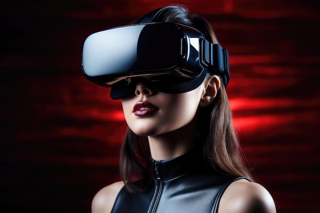 Eine Nahaufnahme einer Frau, die ein Virtual-Reality-Headset trägt und immersive digitale Inhalte mit generativer KI erlebt