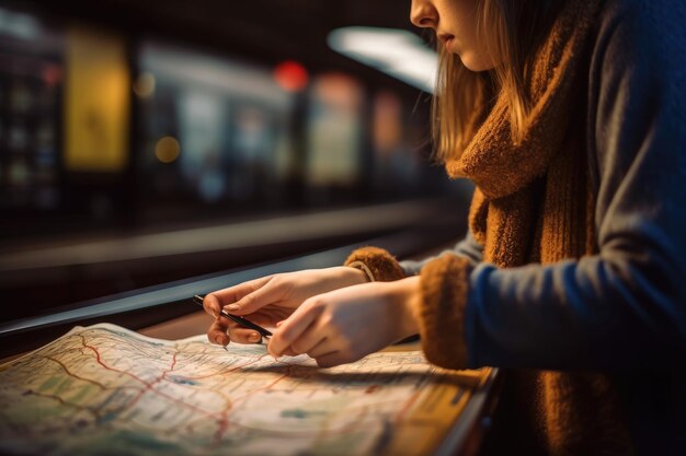 Eine Nahaufnahme einer Frau, die eine U-Bahn-Karte in der Hand hält, die Routen studiert und ihre Reise plant. Generative KI