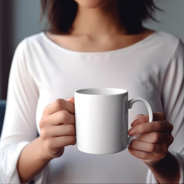 eine Nahaufnahme einer Frau, die einen weißen Kaffeekopfen in der Hand hält