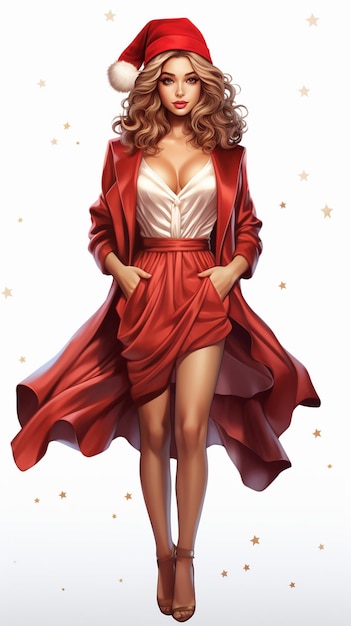 Eine Nahaufnahme einer Frau in einem roten Kleid und einer Weihnachtsmütze. Generative KI