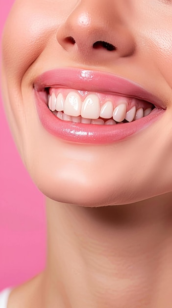 Eine Nahaufnahme einer Frau mit glänzenden, sauberen Zähnen und einem Lächeln vor einem rosa Hintergrund mit Platz für Text