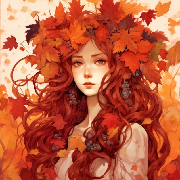eine Nahaufnahme einer Frau mit langen roten Haaren und einem Kranz aus generativen Blättern