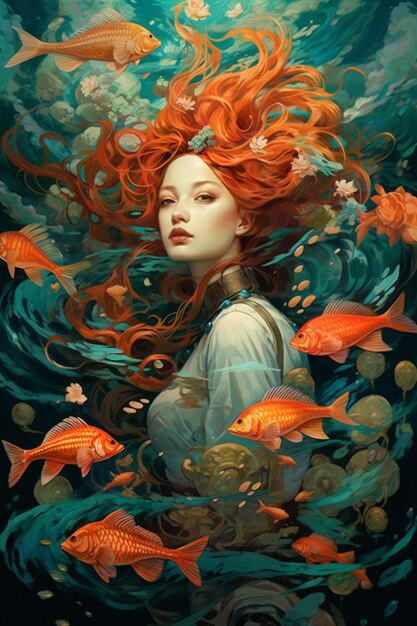 Eine Nahaufnahme einer Frau mit roten Haaren und Fischen im Wasser