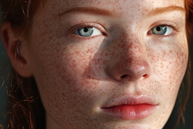 Eine Nahaufnahme einer Frau mit Sommersprossen, Rosacea-Couperose-Rötung der Haut