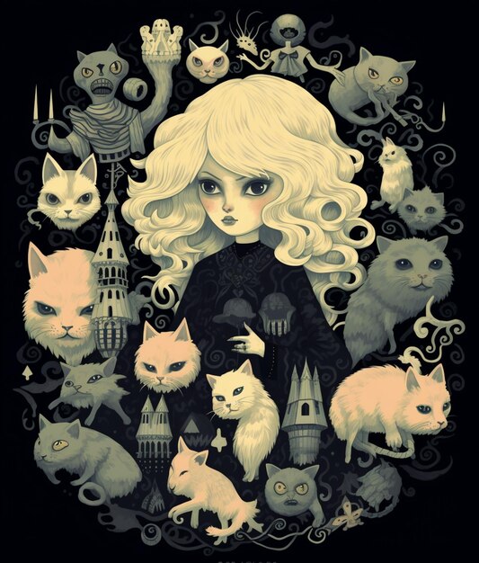 Eine Nahaufnahme einer Frau, umgeben von Katzen und anderen generativen Tieren