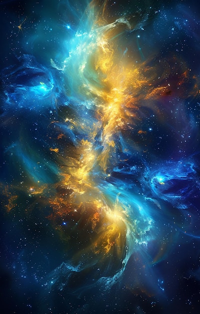 eine Nahaufnahme einer Galaxie mit einem leuchtend blau-gelben Nebel generativ ai