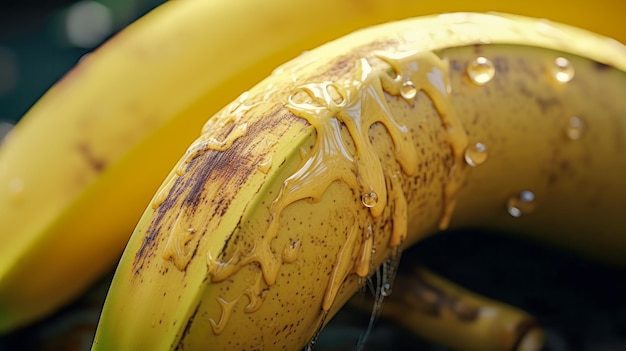 Eine Nahaufnahme einer gefleckten Banane mit Wassertropfen, die ihre Süße und Textur zeigen