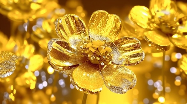 Eine Nahaufnahme einer gelben Blume mit dem Wort Gold darauf