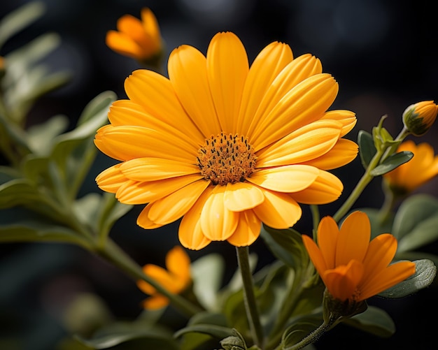 Eine Nahaufnahme einer gelben Blume mit grünen Blättern