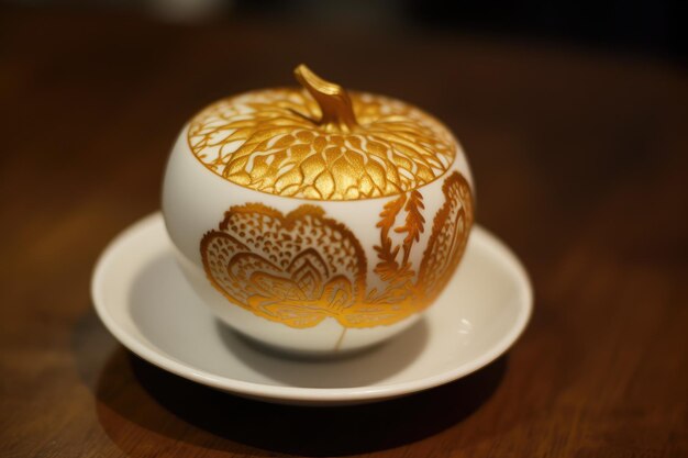 Foto eine nahaufnahme einer goldenen porzellantasse mit latte-art-kaffee