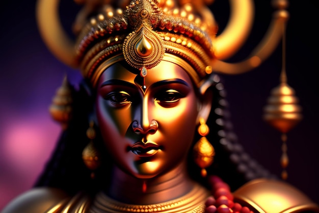 Eine Nahaufnahme einer goldenen Statue mit dem Wort Mahabharata auf der linken Seite
