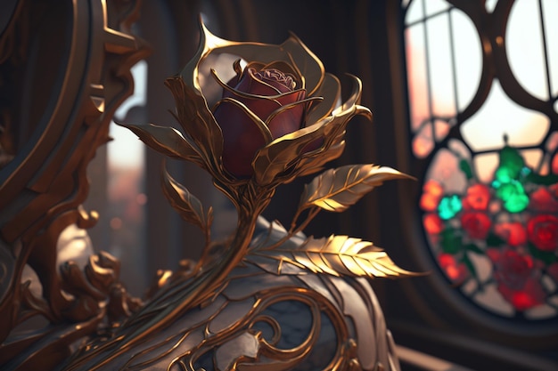 Eine Nahaufnahme einer goldenen Statue mit einer Rose darauf