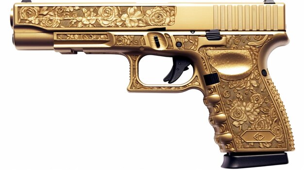 eine Nahaufnahme einer goldenen Waffe mit weißem Hintergrund