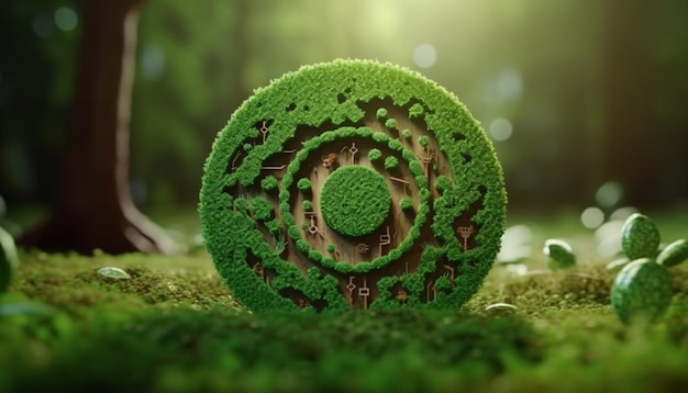 Eine Nahaufnahme einer grünen Münze auf einem mit Moos bedeckten Boden