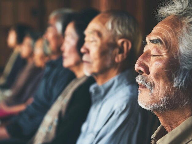 Eine Nahaufnahme einer Gruppe buddhistischer Anhänger, die eng beieinander sitzen und in tiefe Gedanken und Meditation versunken sind