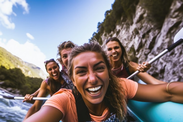 Eine Nahaufnahme einer Gruppe von Freunden, die auf einem schnell fließenden Fluss mit felsigen Klippen im Hintergrund Kajakfahren oder Rafting treiben