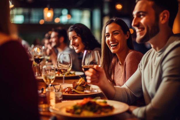 Eine Nahaufnahme einer Gruppe von Freunden, die sich beim Essen am Veranstaltungsort amüsieren Generative KI