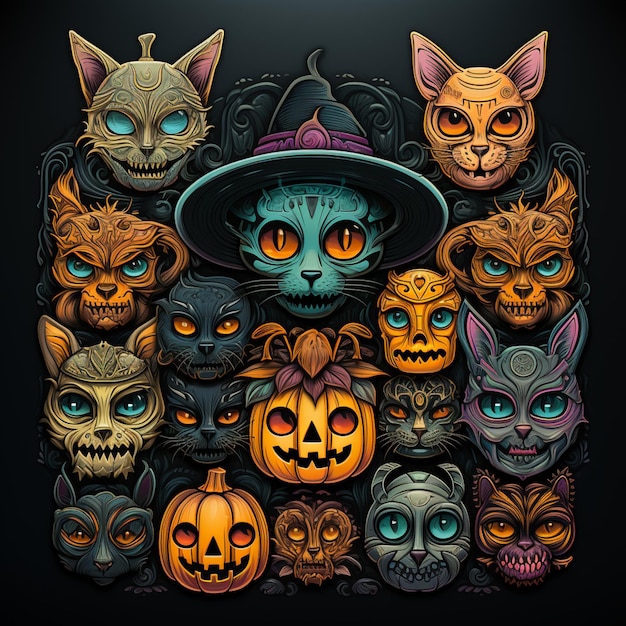 eine Nahaufnahme einer Gruppe von Katzen mit halloween-thematischen Gesichtern generative ai