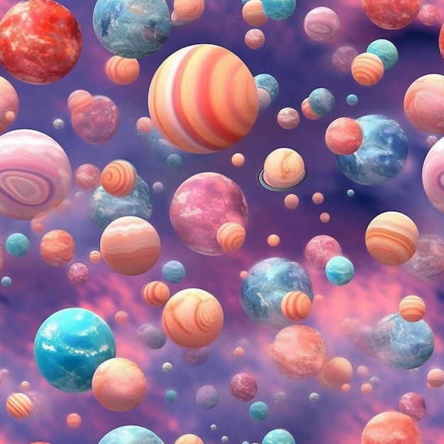Eine Nahaufnahme einer Gruppe von Planeten in einem violetten Himmel mit generativer KI