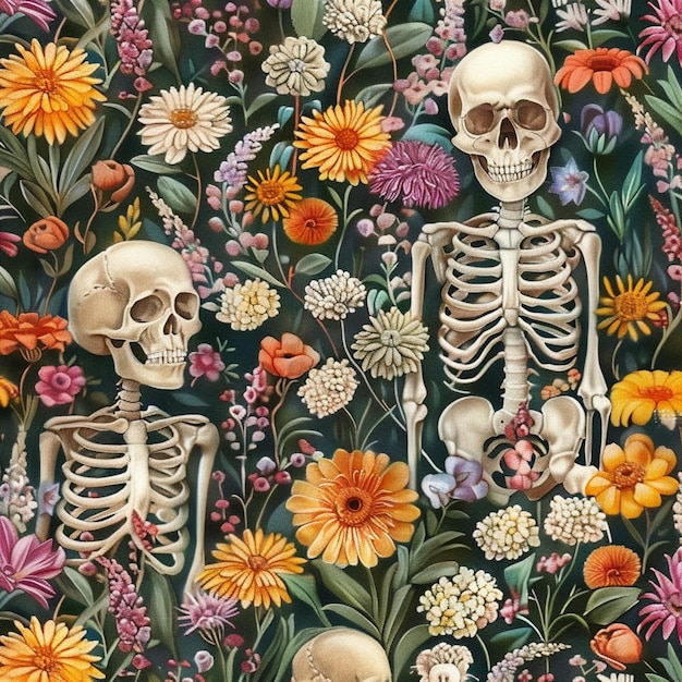 eine Nahaufnahme einer Gruppe von Skeletten in einem Feld von Blumen generative ai