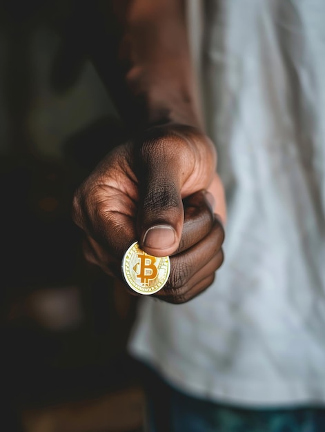 Eine Nahaufnahme einer Hand, die eine glänzende Bitcoin-Münze präsentiert, die den greifbaren Einfluss der digitalen Währung auf die Wirtschaft symbolisiert