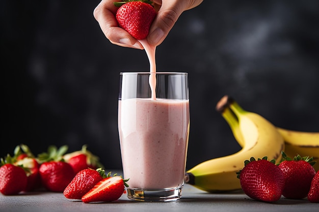 Eine Nahaufnahme einer Hand, die frischen Zitronensaft in den Smoothie drückt