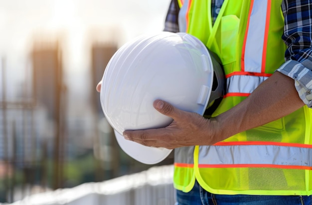 Eine Nahaufnahme einer Hand eines Ingenieurs, der einen weißen Sicherheitshelm auf einem Industriegebiet hält.