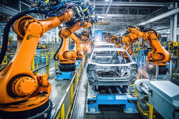 Eine Nahaufnahme einer hochmodernen Montagelinie in einer Autofabrik, die die Integration automatisierter Roboterarme und menschlicher Arbeitskräfte mit generativer KI zeigt