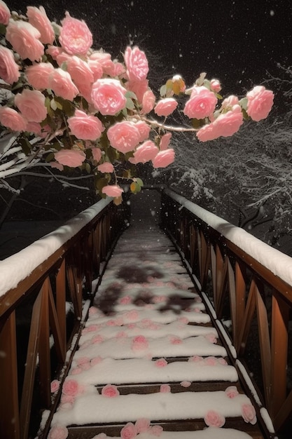 eine Nahaufnahme einer Holzbrücke mit rosa Blumen darauf generative KI
