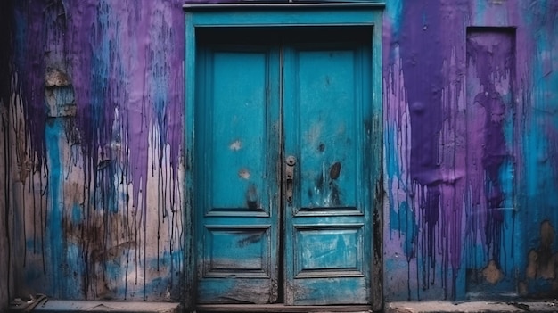 Eine Nahaufnahme einer Holzscheune mit einem rostigen Haken und einer generativen KI in Blau und Lila