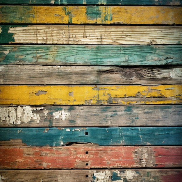 Eine Nahaufnahme einer Holzwand mit einem mehrfarbigen Farbjob generativ ai