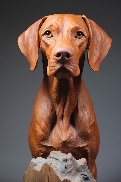 Eine Nahaufnahme einer Hundestatue auf einem generativen Holzpfosten