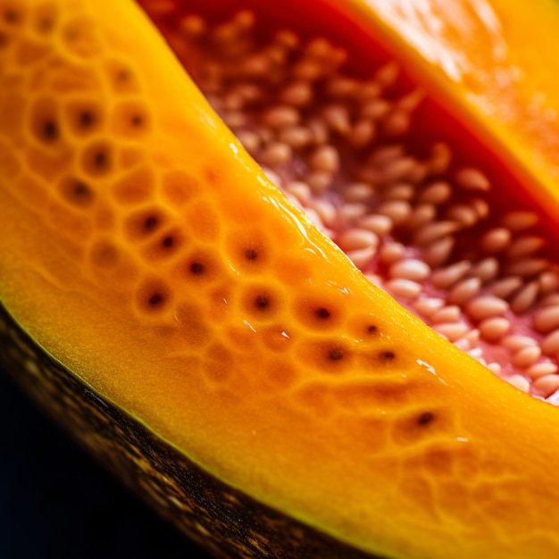 Foto eine nahaufnahme einer in scheiben geschnittenen orangenfrucht mit sichtbaren samen.
