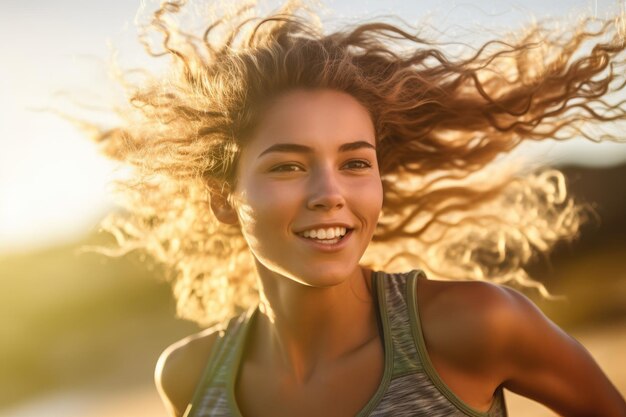 Eine Nahaufnahme einer jungen Frau, die an einem sonnigen Tag draußen läuft. Generative KI