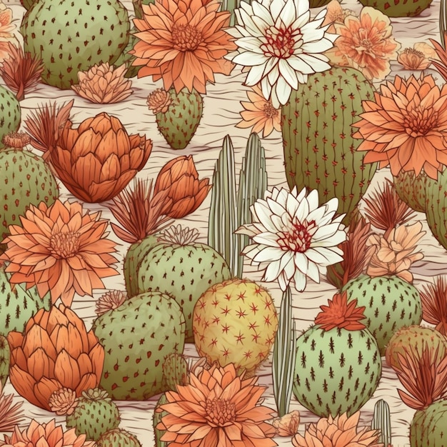 Eine Nahaufnahme einer Kaktuspflanze mit Blumen auf einer generativen Holzoberfläche