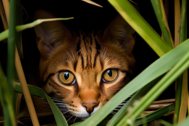 eine Nahaufnahme einer Katze, die hinter einigen hohen Gräsern hinausblickt