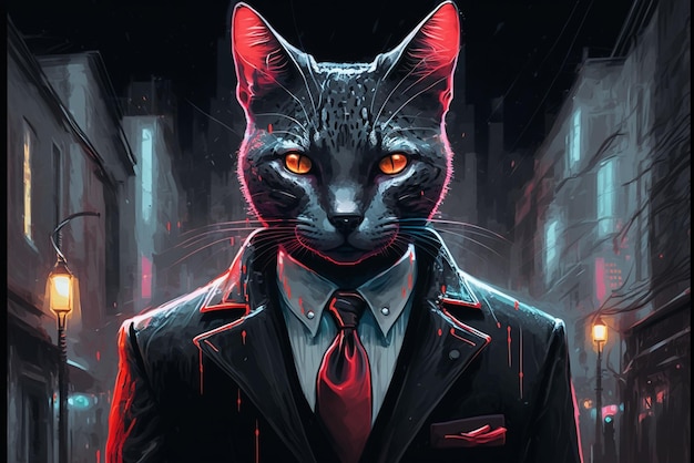 Eine Nahaufnahme einer Katze in Anzug und Krawatte mit generativer KI