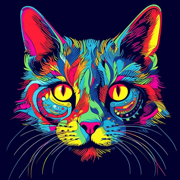 Foto eine nahaufnahme einer katze mit leuchtend farbigen augen auf einem schwarzen hintergrund