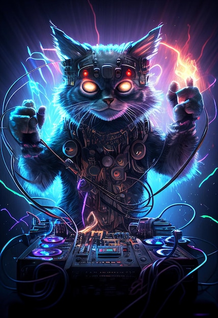 Eine Nahaufnahme einer Katze mit leuchtenden Augen und generativer KI in der DJ-Kabine