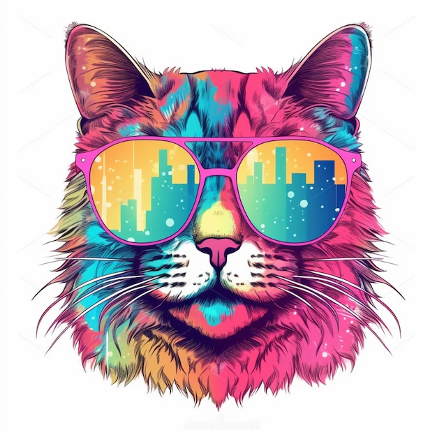 Eine Nahaufnahme einer Katze mit Sonnenbrille und einer Stadtsilhouette im Hintergrund. Generative KI