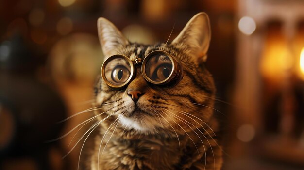 Eine Nahaufnahme einer Katze mit Steampunk-Brille Die Katze schaut mit einem seltsamen Ausdruck in die Kamera. Der Hintergrund ist verschwommen und unfokussiert.