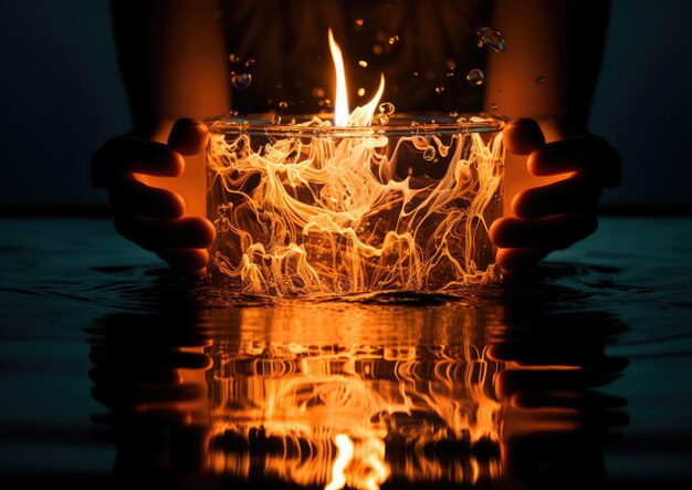 Foto eine nahaufnahme einer kerzenflamme, die sich in einem glas wasser widerspiegelt und eine faszinierende und abstrakte