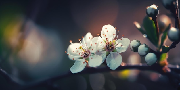 Eine Nahaufnahme einer Kirschblüte mit dem Wort Kirsche unten rechts