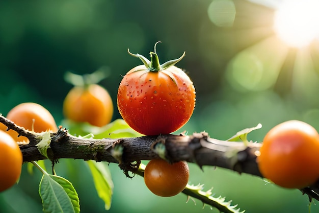 Eine Nahaufnahme einer Kirschtomate auf einem Ast