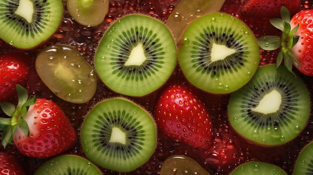 Eine Nahaufnahme einer Kiwifrucht mit einer Erdbeere und einer Kiwi darauf